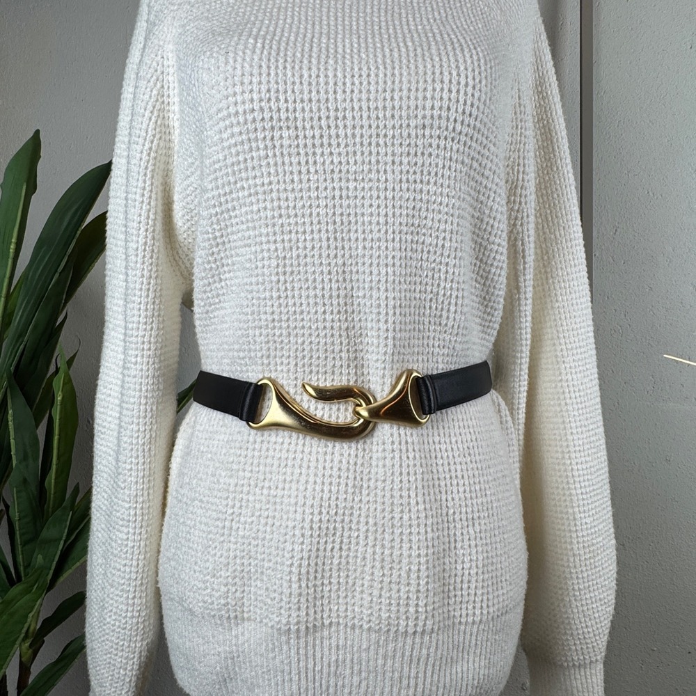 Quiet Luxury Sculptural Statement Gold Hook Buckle Black Leather Belt Women S/M